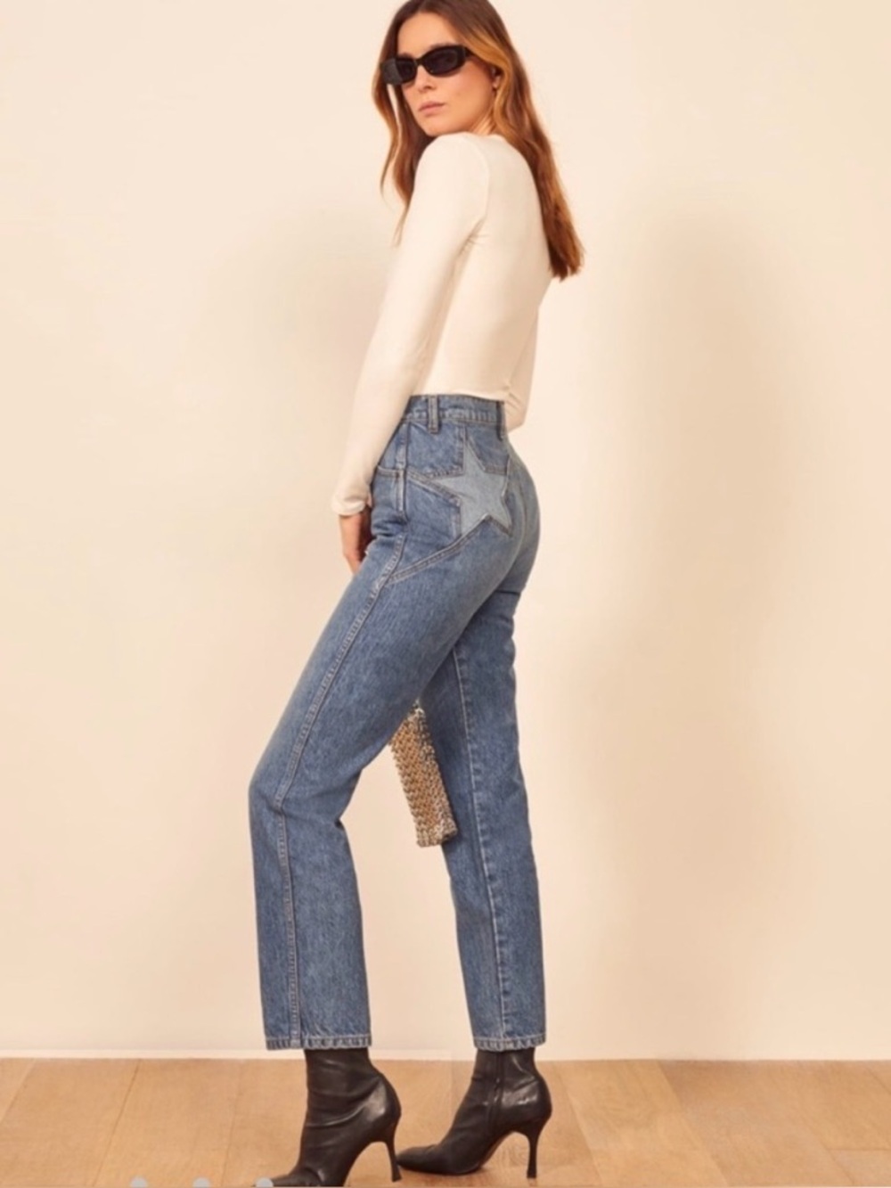 Reformation Blue Straight Leg Jeans with Star Patch